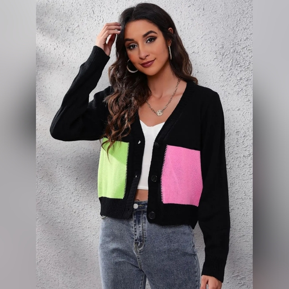 Color Block Cropped Classic Knit Button Front Long Sleeve Casual Cardigan Bright - Picture 7 of 8